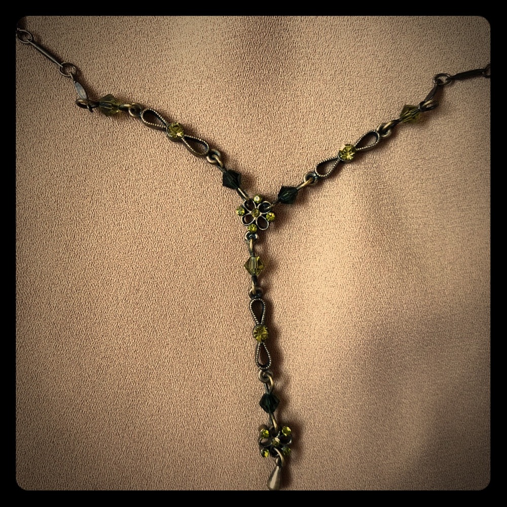 Brass green rhinestone vintage lariat necklace